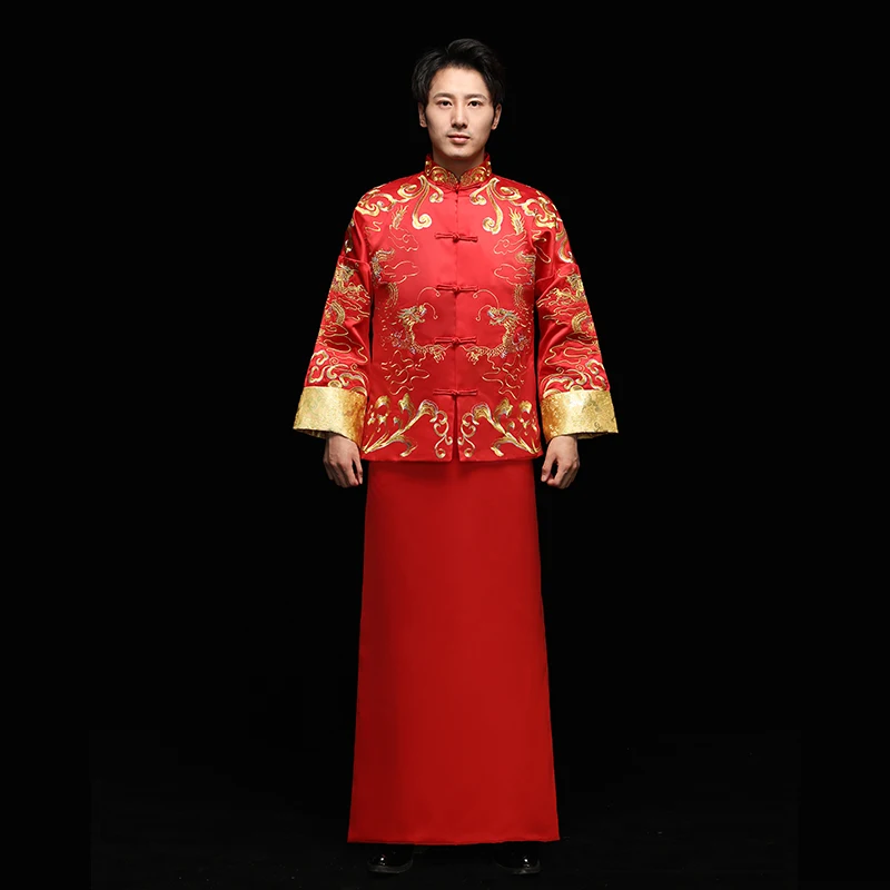 

Chinese Traditional Male Coat+Robe Marriage Suit Vintage Embroidery Dragon Cheongsam Ancient Bridegroom Wedding Tang Suit