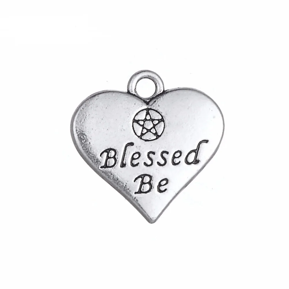 

Hand Stamped Double-sided Lettering Blessed Be Wicca Pentacle Pentagram Heart Charm For Jewelry Making