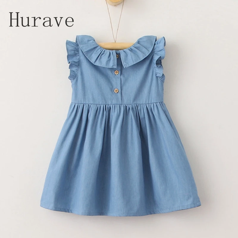 Hurave 2017 Kids dress embroidery button vestidos with bow o neck girls dress girl summer clothing