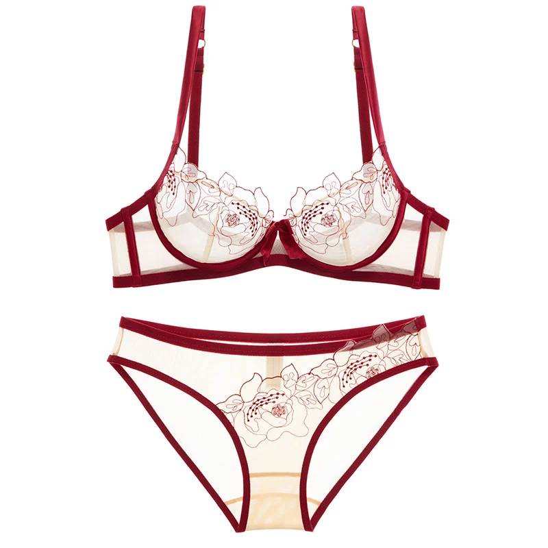 Cena Shaonvmeiwu Ultra cienka gaza sexy hafty koronki biustonosz komplet bielizny wygodne perspektywy oddychające małe klatki piersiowej biustonosz dla kobiet