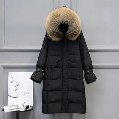 Женская куртка-пуховик на белом утином пуху, зимнее пальто, женская куртка с воротником из натурального меха, женская теплая куртка с капюшоном, длинная пуховая парка - Цвет: black coat brown fur
