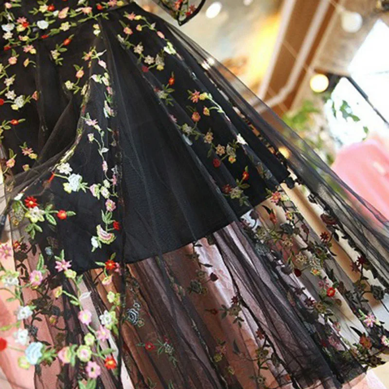 Летние босоножки с прозрачным сетки с цветочной вышивкой Для женщин платья сексуальное Элегантное повседневное, вечернее платье с круглым вырезом vestidos mujer размера плюс