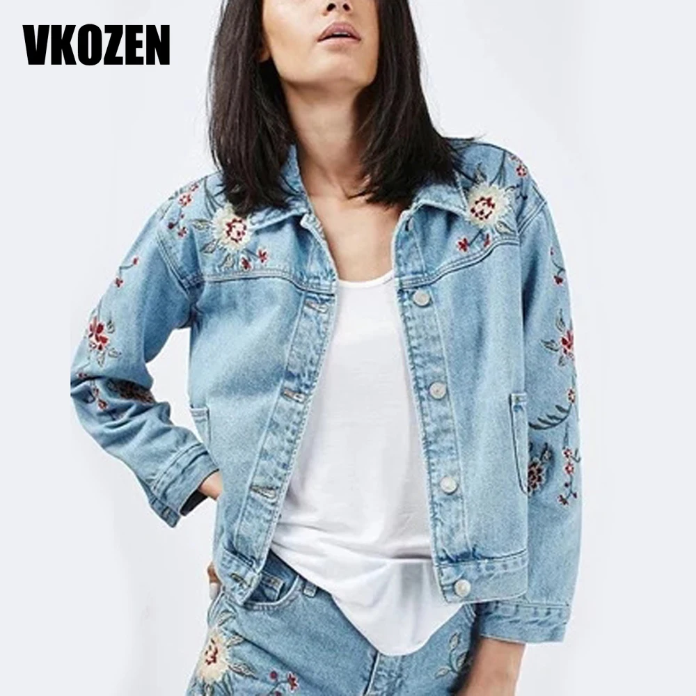 Women Flowers Embroidery Denim Jacket Single Breasted Pockets Coat