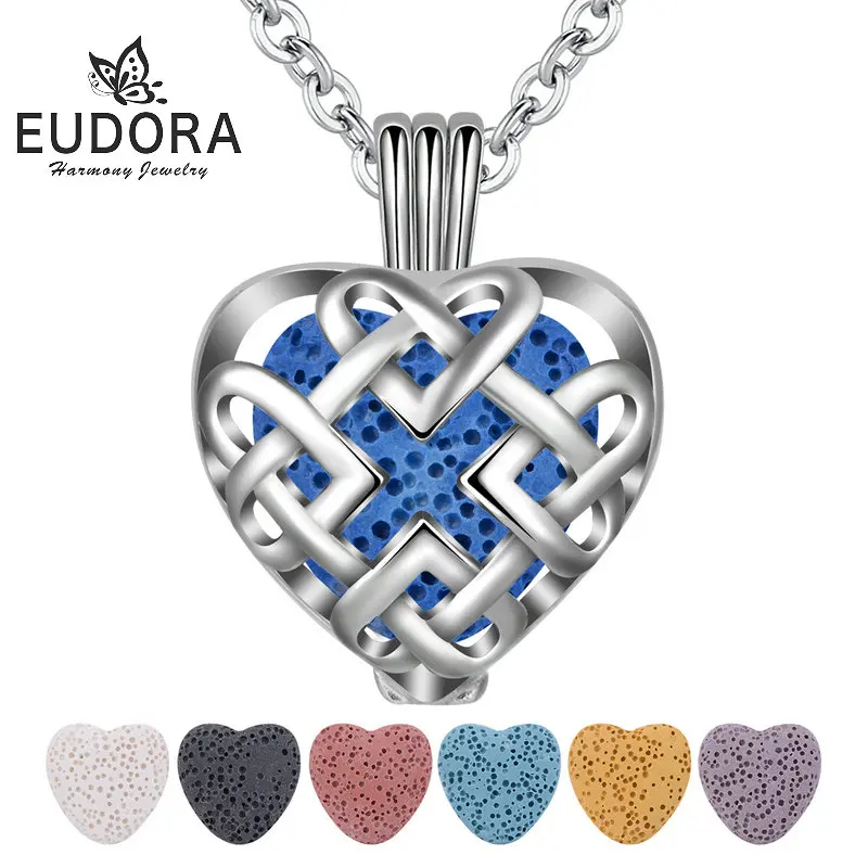 

Eudora 14mm Lava Necklace Pendant Heart Volcanic Stone Celtics knot Cage Pendant Necklace Women Perfume Lava Ball Choker Jewelry
