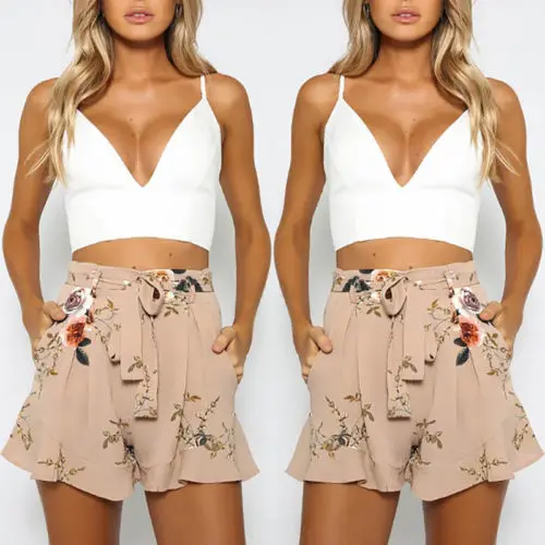 Women High Waist Boho Floral Shorts Summer Casual Loose