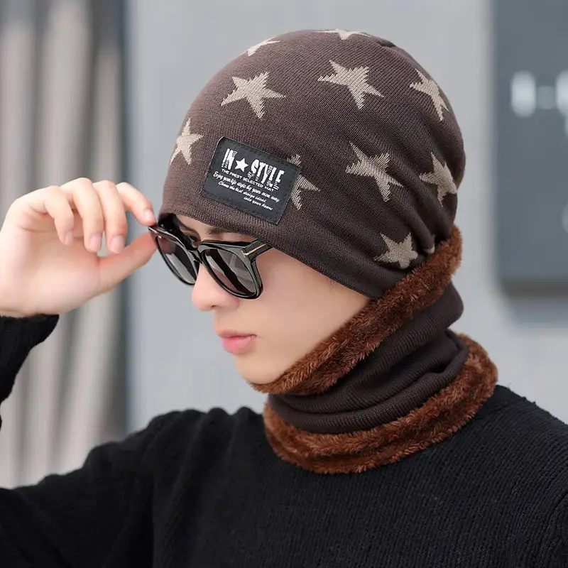 Printed Star Men's Winter hat and Scarf Set Skullies Beains Cotton Thick Winter Warm Hat Ring Scarf Female Hats Men - Color: coffee