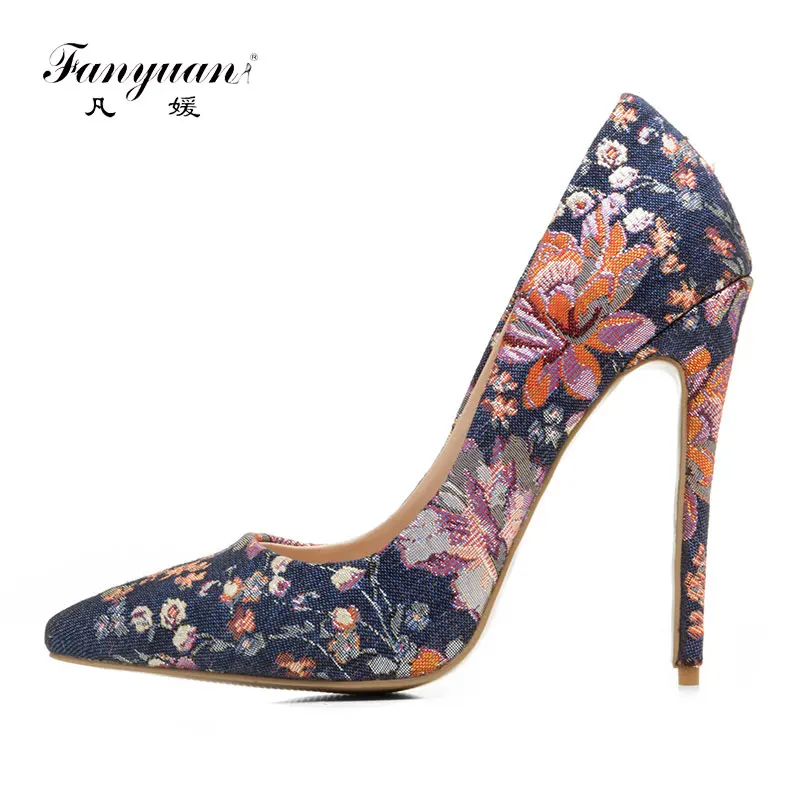 

Fanyuan Women Designer Shoes Flower Heels Shoes Women Floral Prints Shoes Woman High Heels Pumps Pointed Toe Stiletto Heels