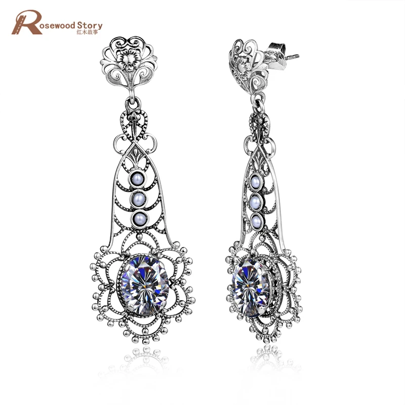 

Women's Earring Cubic Created Zirconia Stone 100% 925 Sterling Silver Handmade Luxury Vintage Natural Pearl Dangle Earrings