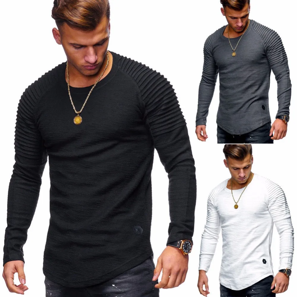 

2019 New Fashion Men's Round Neck Slim Solid Color Long-sleeved T-shirt Striped Fold Raglan Sleeve Style T shirt Men Tops Tees