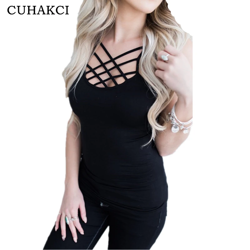 

CUHAKCI Top Women Camis Sexy Cotton Cross Bandage Summer Tops Black White Tank Tops Women Clothing Black Sexy Cropped S-XL