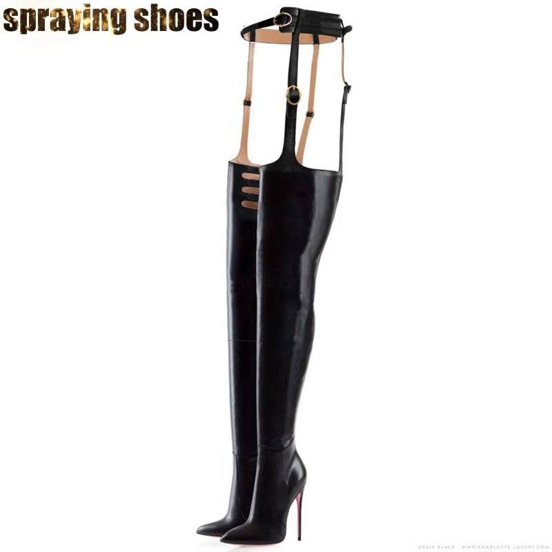 Высокие сапоги до бедра с острым носком и поясом; пикантная женская обувь на высоком каблуке-шпильке; женские зимние туфли-лодочки; Кожаные Сапоги выше колена - Цвет: black patent leather