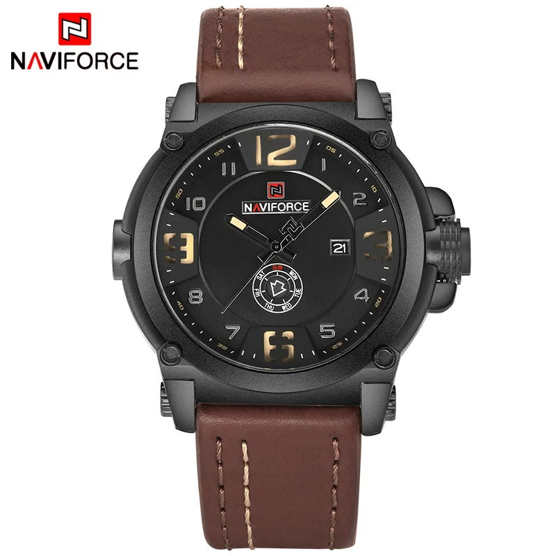 Лучший бренд класса люкс NAVIFORCE мужские спортивные часы мужские армейские военные кожаные кварцевые часы мужские водонепроницаемые часы Relogio Masculino - Цвет: Black Yellow