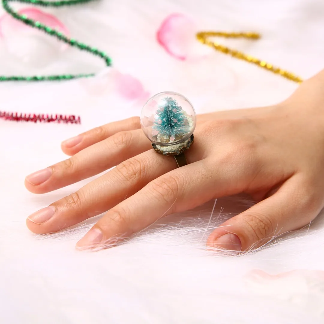 Shellhard Luminous Xmas Rings Shellhard Christmas Tree Glass Snowball Glow In The Dark Finger Ring For Women Men Jewelry