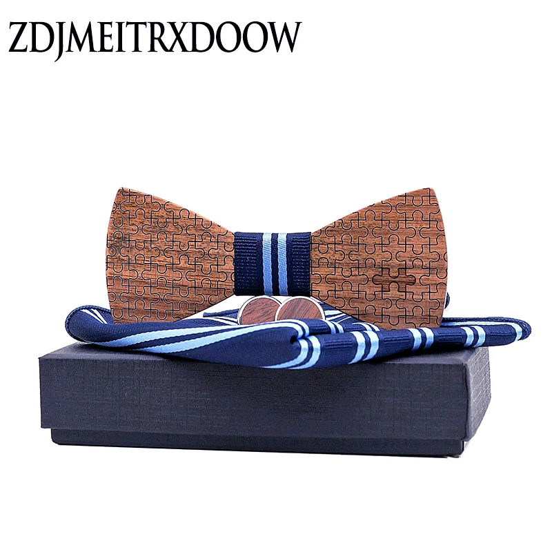 

Wood Bowtie+Handkerchief+Cufflinks Sets for Mens Suit Wooden Bow Tie Bowknots Jigsaw puzzle Wedding Party Christmas tie
