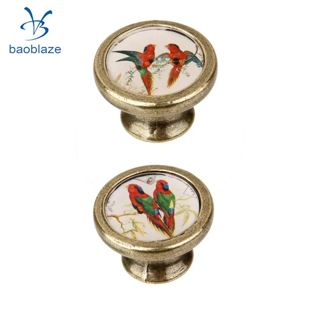 2 Pieces Antique Brass Cabinet Drawer Round Pulls Wardrobe Cabinet Door Cupboard Knob Handle Colorful Birds Pattern