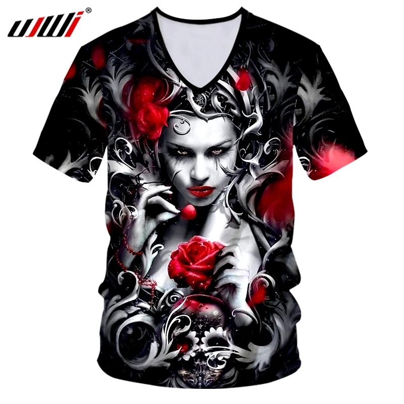 

UJWI Summer Men's Funny Print 3D T-shirt Rose Skull V Neck Tshirt Man Hiphop Punk Style Outwears Tees Shirt 7XL