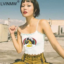 LVINMW, сексуальные топы с милым мультяшным принтом на бретельках с рюшами,, летние женские хлопковые топики с вырезом лодочкой, топы, женские футболки