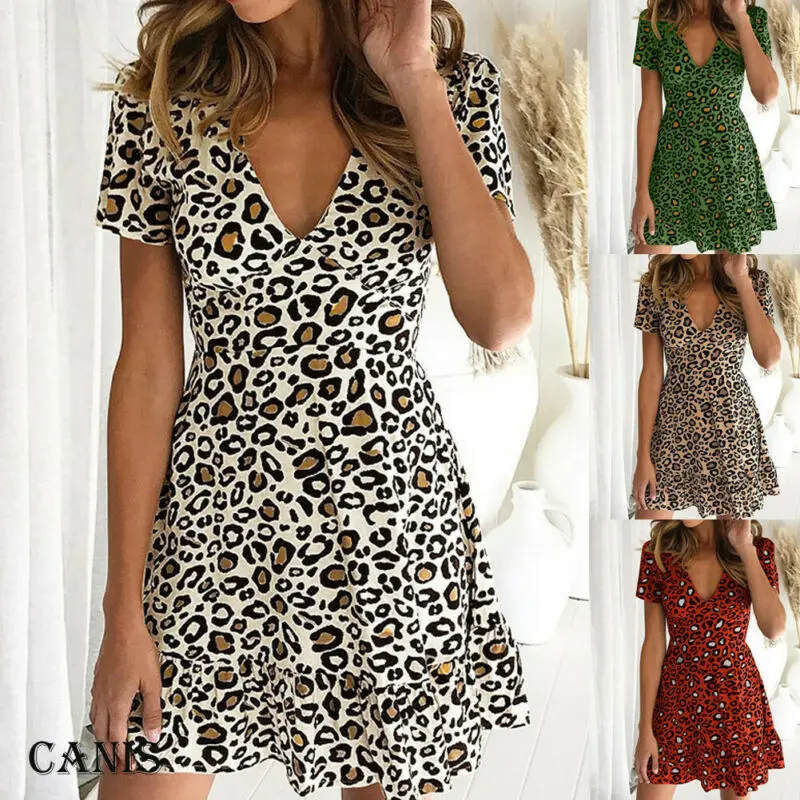 

Sexy Women Leopard Boho Casual Mini Dress Party 2019 Summer Ladies Beach Holiday Split Sundress Short Sleeve V neck Dresses