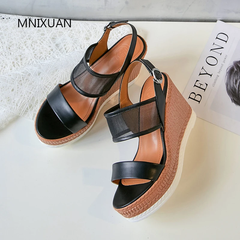 

MNIXUAN Fashion 2019 summer new sexy super high heels women shoes gladiator sandals leather open toe platform wedges shoes black