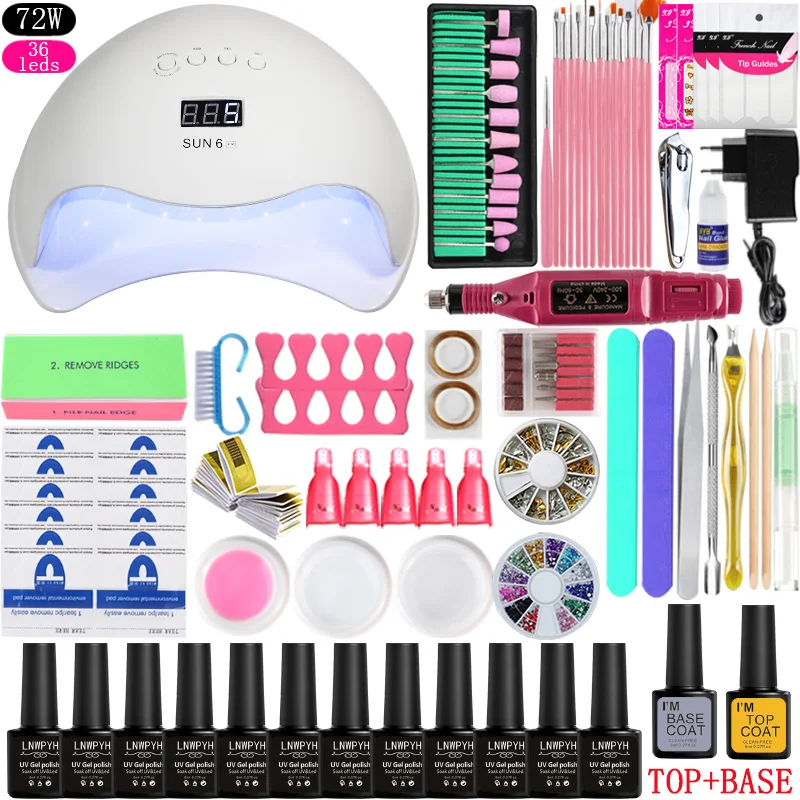 

36w/48w/72w Led Uv Nail Lamp Choose 12 Color Gel Nail Polish Varnish Acrylic Kit Electric Nail Drill Machine for Manicure Set