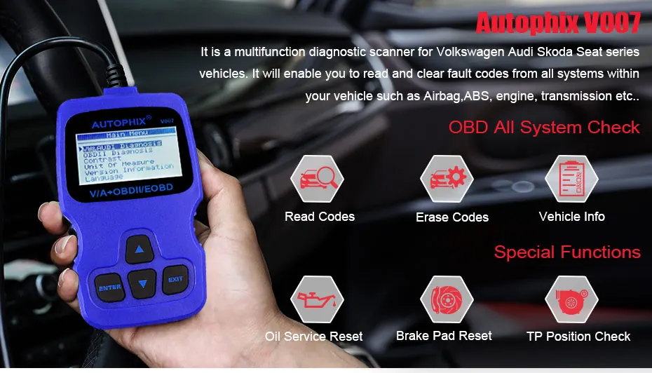 Autophix V007 OBD2 Автомобильный сканер автомобильный диагностический инструмент для VW Golf 4/5/6/7 T5 Polo Passat b5 b6 ABS EPB масла сброса сканирования