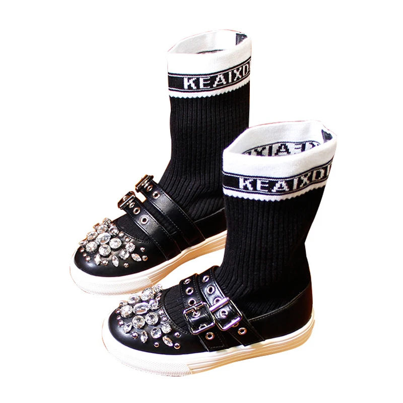 

2018 Autumn Girl Pu Leather Buckle Shoes Stones Children Fashion Mid Calf Boots Boy Brand Black Boot High Quality Socks Sneakers