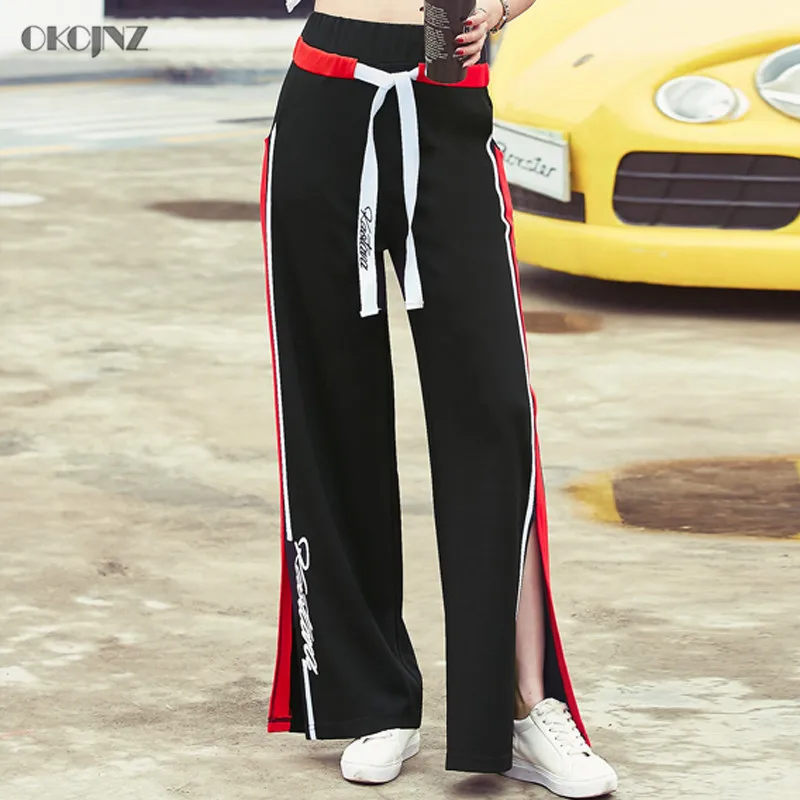 

Women Pants Side Striped Embroidery Summer Wide Leg Trousers Loose Casual Open Fork Long Sweatpants Streetwear Pantalones Okq218