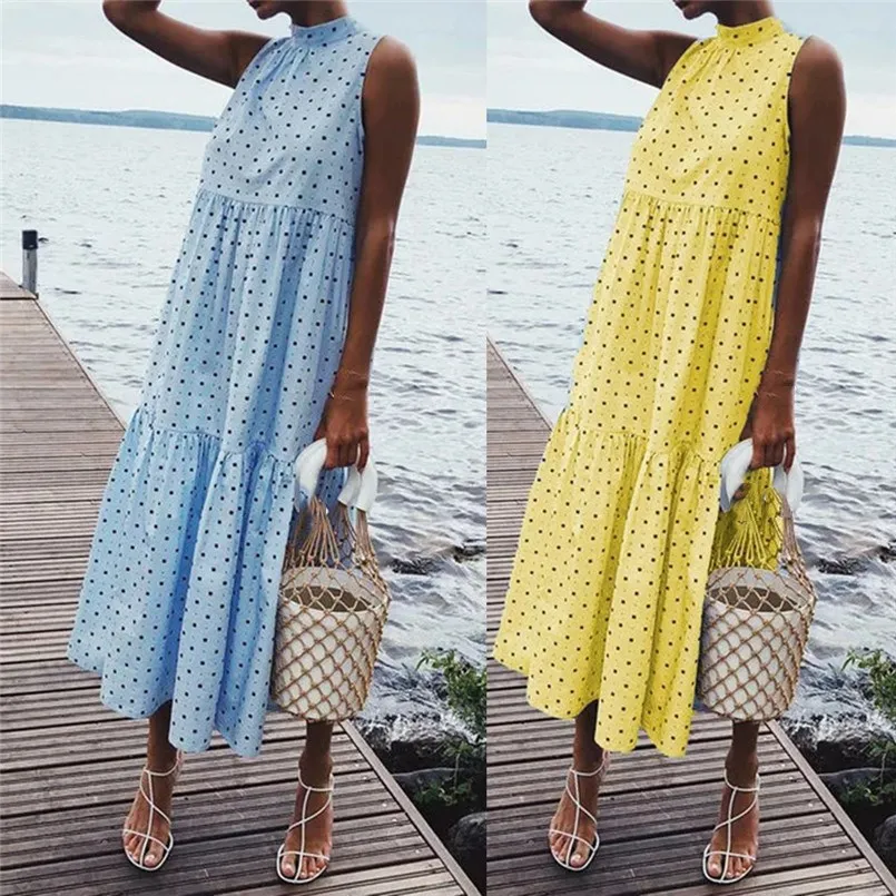 

2019 Women Summer Casual Beach Dress Sexy Sleeveless Dot Print Dress Holiday Loose Party Dress Clothes