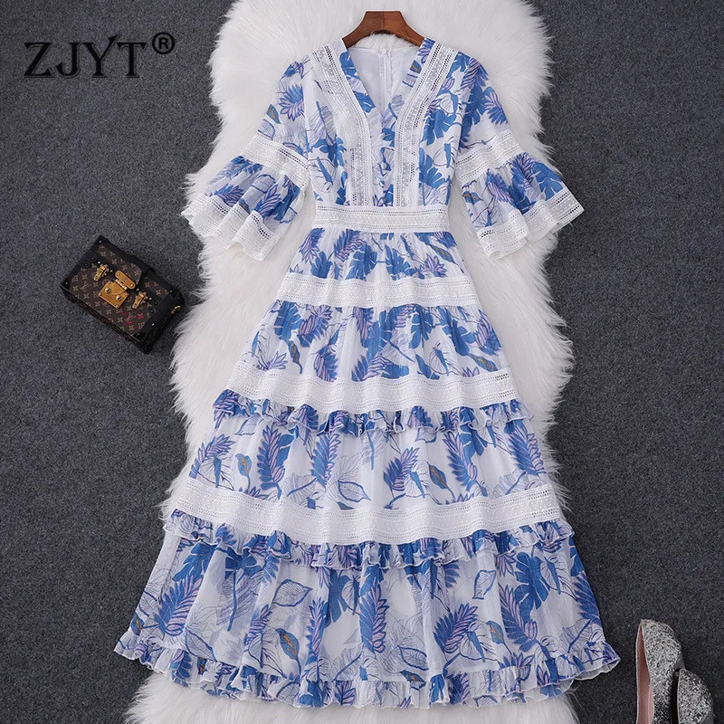 

2019 New Designer Runway Dress Women Summer Style VNeck Flare Sleeve Floral Print Hollow Embroidery Mid Calf Beach Chiffon Dress