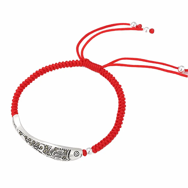 

LISTE&LUKE 925 Sterling Silver Fish Lucky Red Rope Bracelet Handmade Bangle Wax String Amulet Jewelry 1552