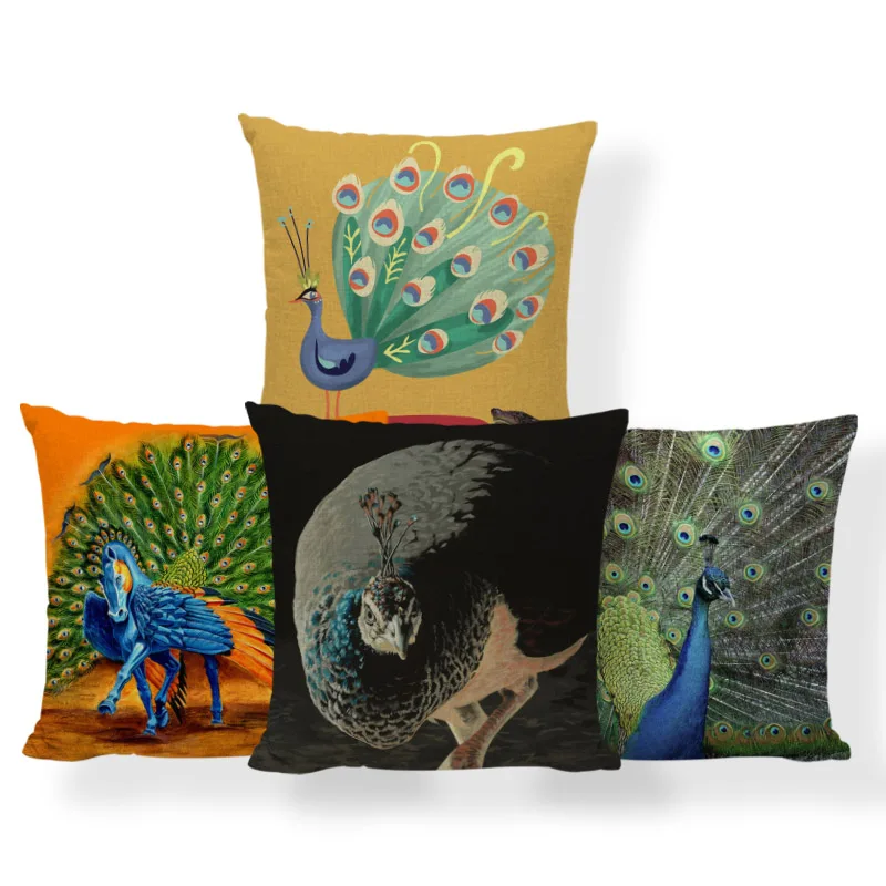 

Fun Animal Pillow Green Peacock Cartoon Square Pillowcase Home Living Room 43*43Cm Polyester Linen Decoration Sofa Cushion Cover