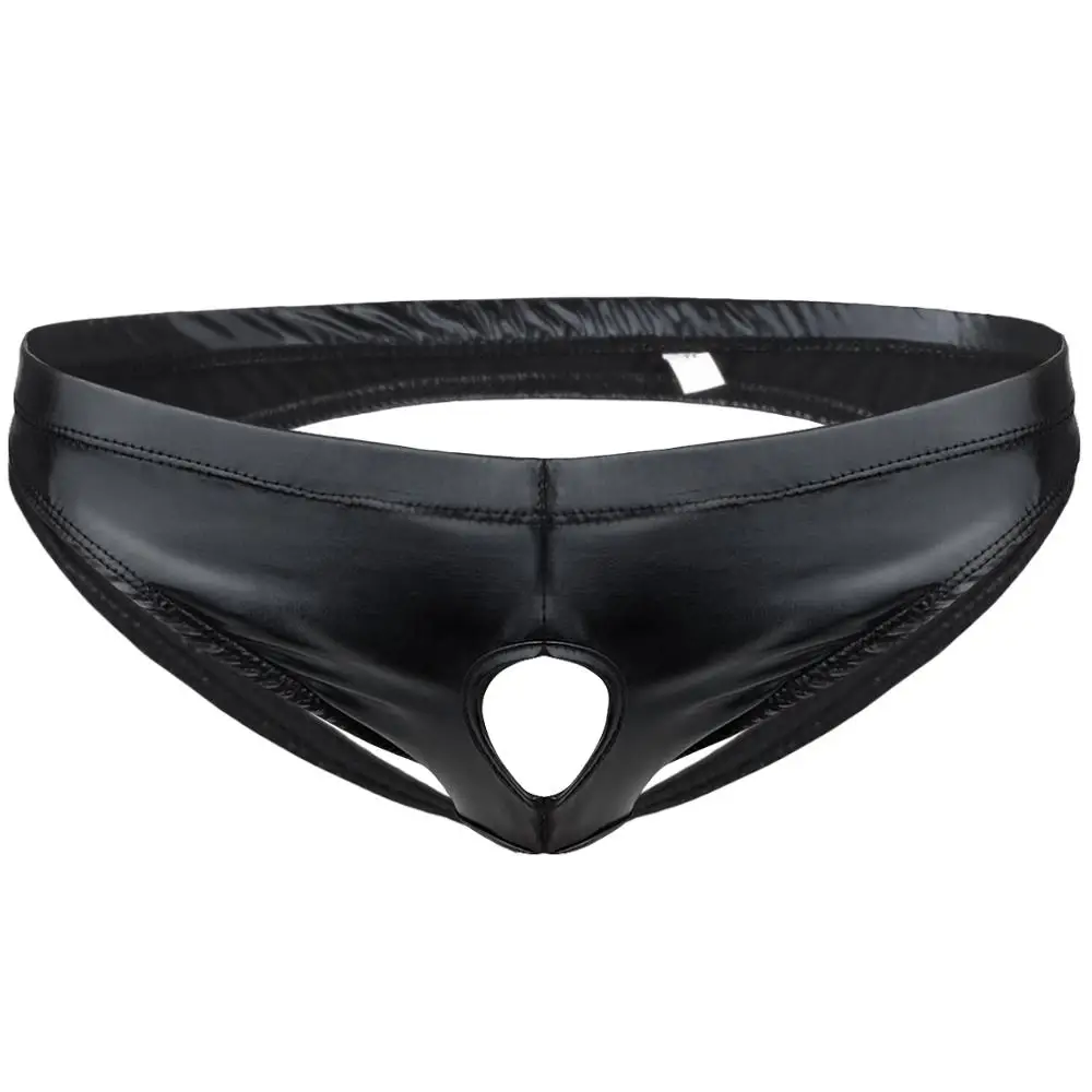 Male Underwear Mens Lingerie Panties Shiny Patent Leather Bikini Briefs Male Exotic Underwear Sissy Front Pouch Open Butt Panties with Holes