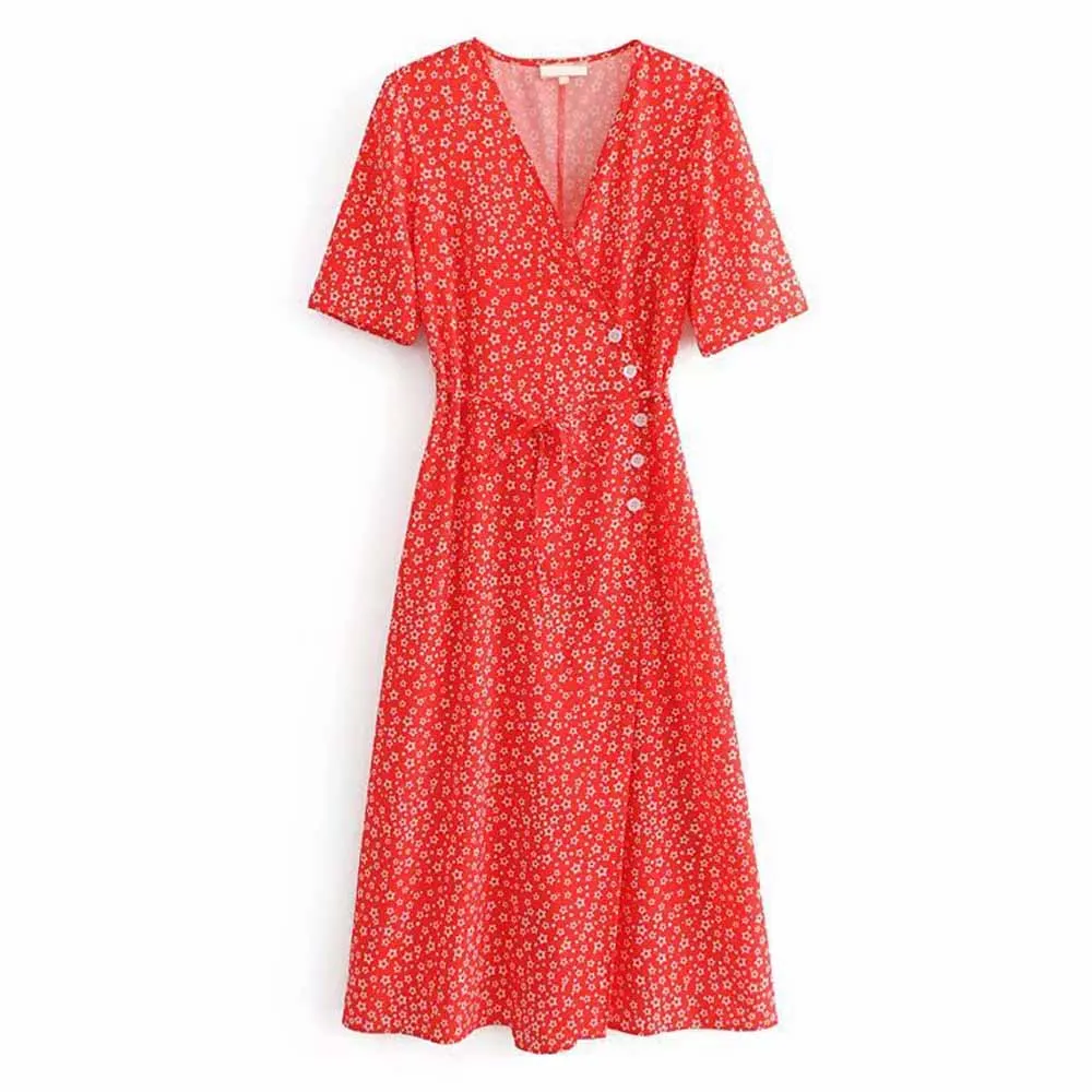 

FIRSTTO Retro Cross V-Neck Five-pointed Star Pentagram Buttons Lace up Bow Short Sleeve Front Slit Mid-Calf Slim Dress 3 Colors