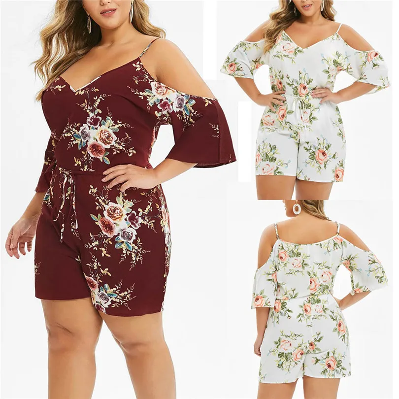  Womens Plus Size Bohemian Floral Casual Playsuits New 2019 Fashion Sexy Cold Shoulder Jumpsuit Bodysuit V-Neck Romper #E11 (17)