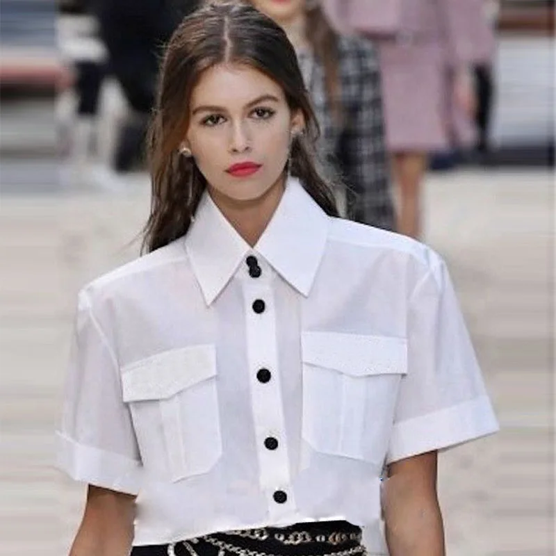 

BEST QUALITY White Shirts For Women Turn-down Collar Single Breasted Long Sleeve Blouse Pockets Shirt Tops Office Lady Work wear
