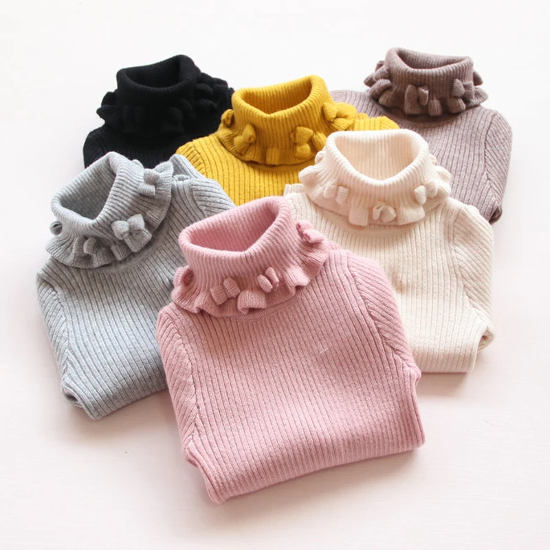 

Girl Sweater 2018 Autumn Winter Children'S Clothing Turn-Down Collar Bow Long Sleeve Princess Kids Baby Girls Turtleneck Sweater
