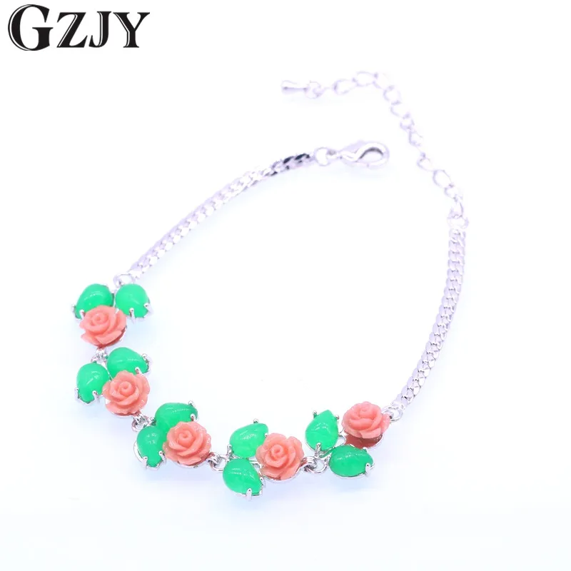 

GZJY Luxury White Gold Color Bracelet Green Stone&Coral Chain Bangle Bracelet For Women Birthday Gift