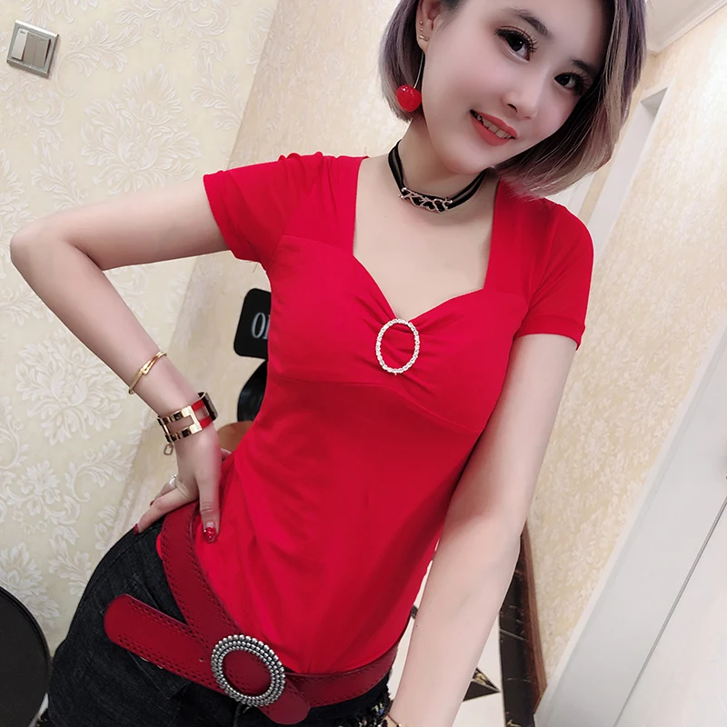 

Sexy V-Neck Diamonds Tshirt 2019 New Spring Summer Women Short Sleeve Mesh Butterfly Top Shirt Clothes Streetwear T93707