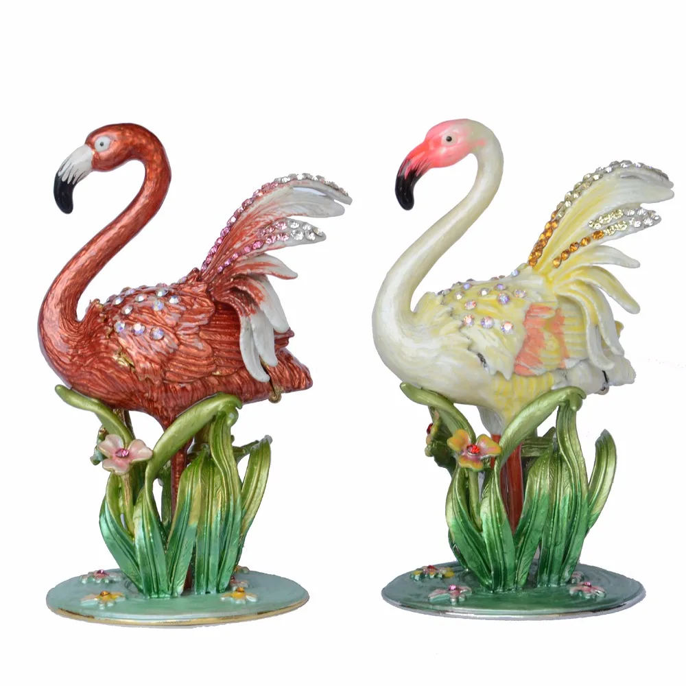 Jeweled Pewter Flamingo Trinket Jewelry Box Bird Figurines Statues