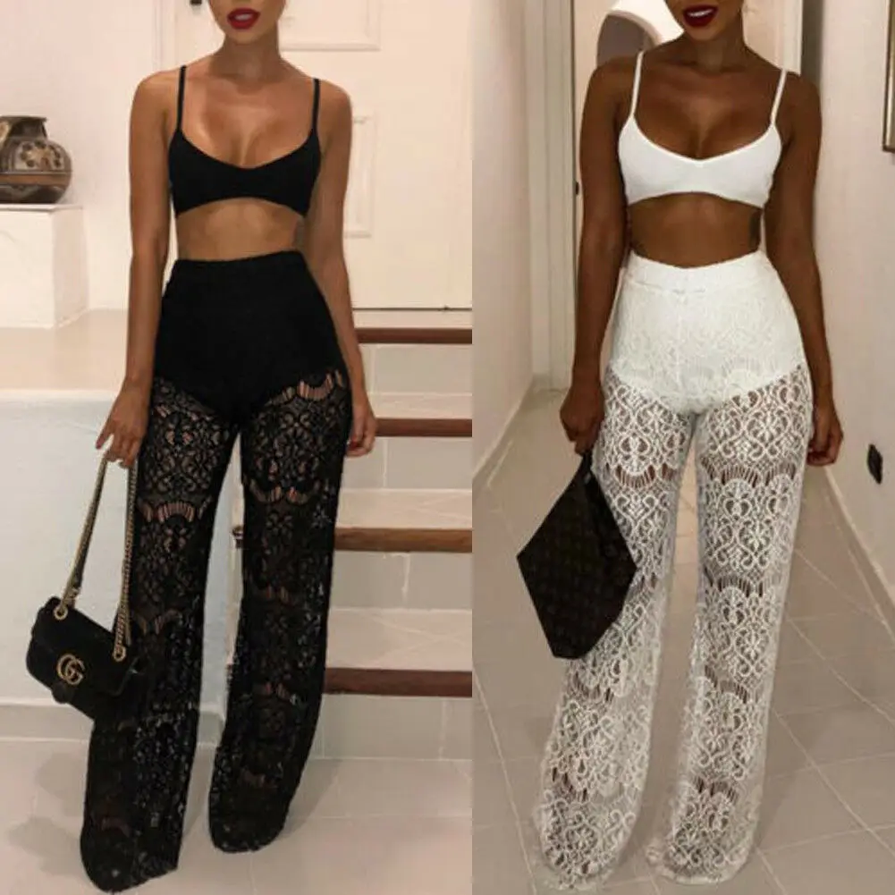 

Women Sexy High Waist Lace Sheer Pants Summer Beach Wide Leg Long Trousers Bikini Cover Up