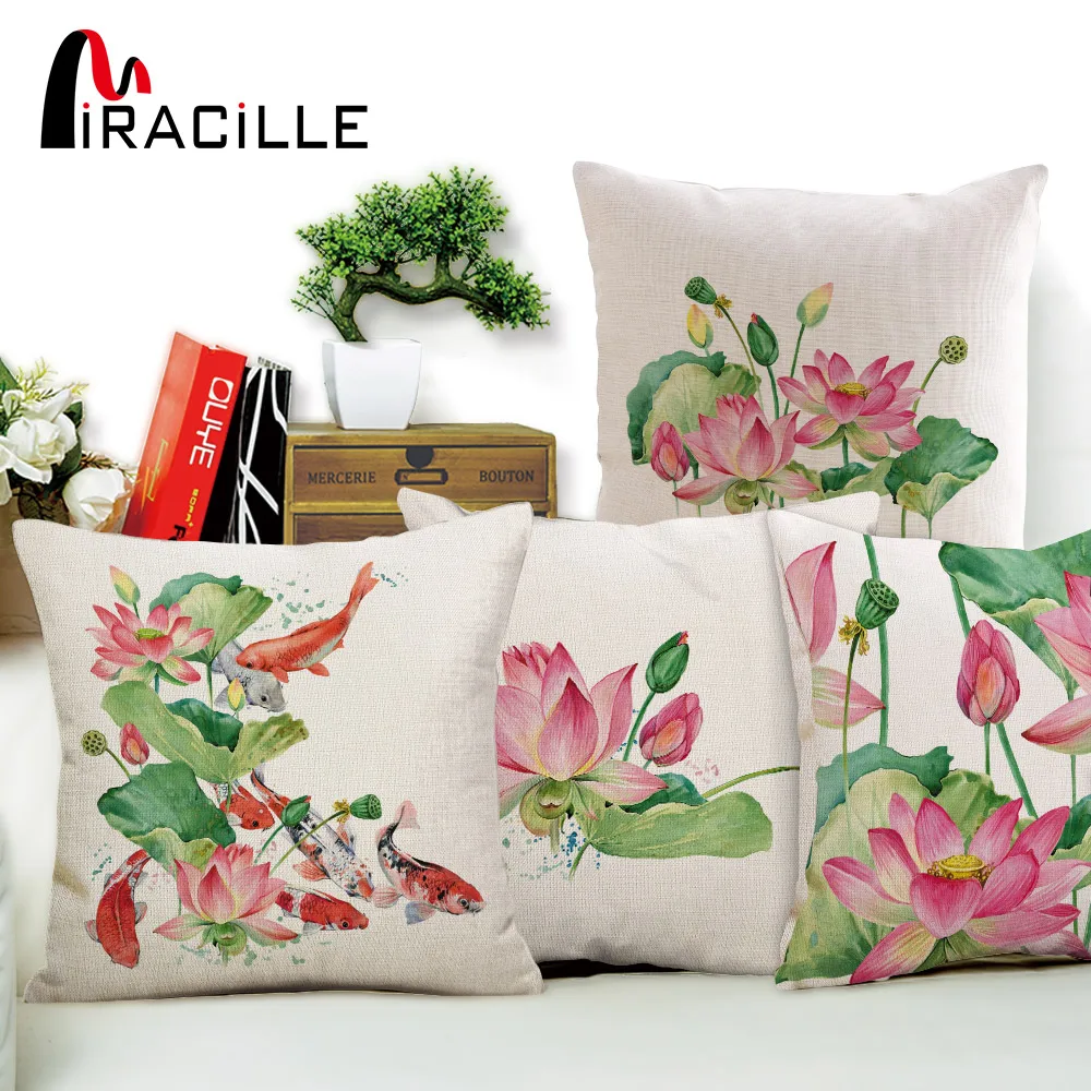 

Miracille Chinese Style Cotton Linen Cushion Cover Home Sofa Decor Throw Pillow Covers Colorful Carp Lotus Printed Pillow Cases