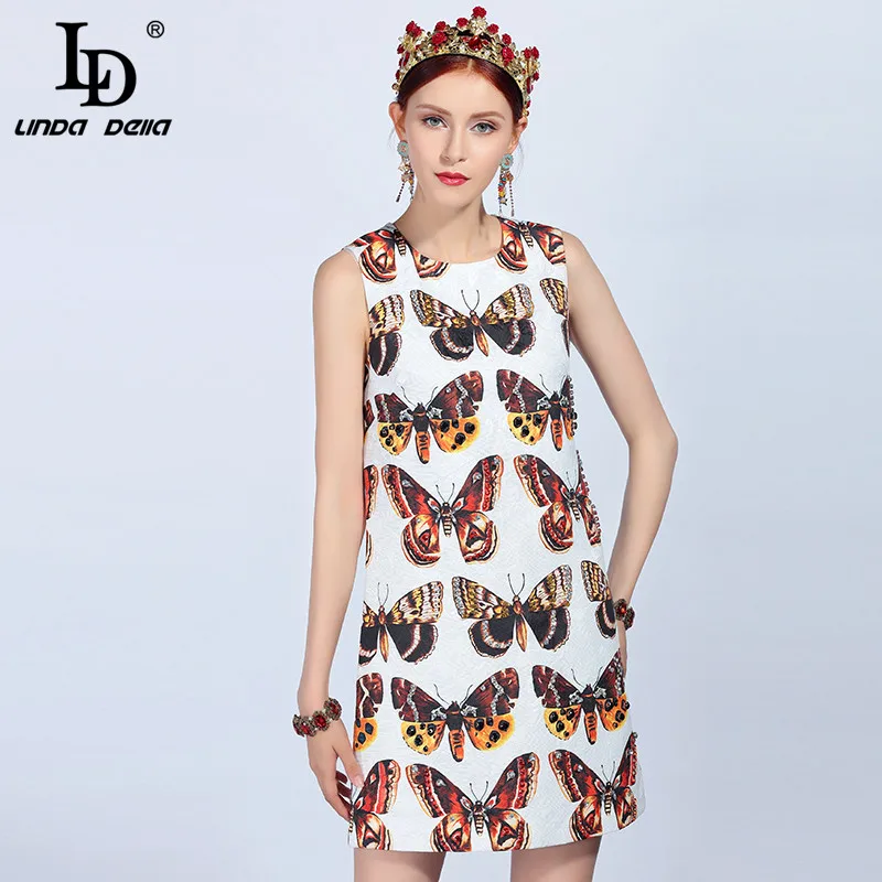 

LD LINDA DELLA Fashion Runway Summer Dress Women's Sleeveless Tank Vintage Butterfly Printed Diamonds Mini Elegant Dress