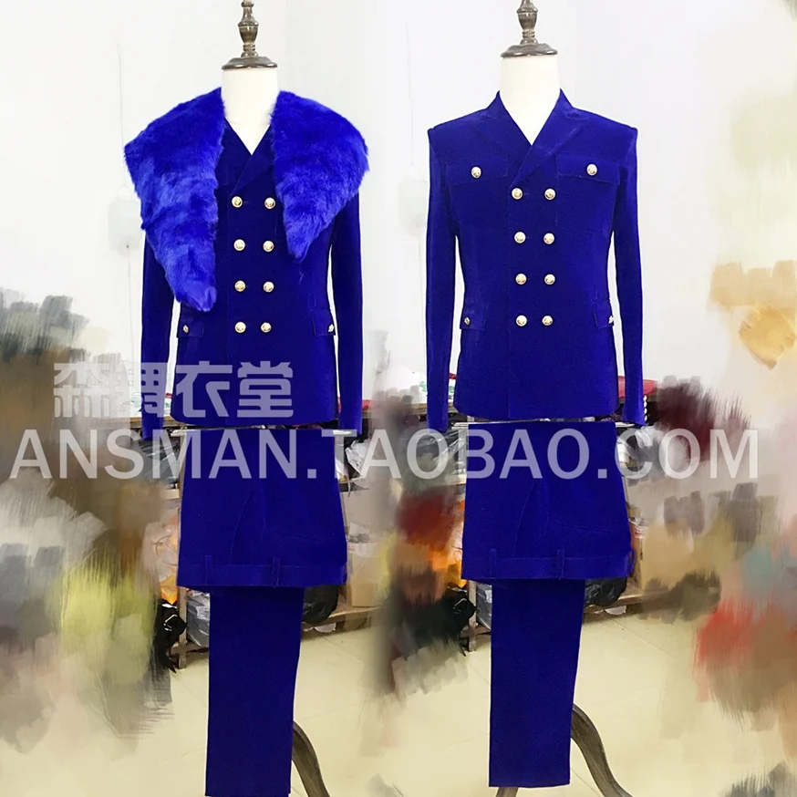 

(Suit + pants) 2017 male singer DJ nightclub right Zhi-Long GD same paragraph navy blue velvet fur suit stage costumes VSTINUS