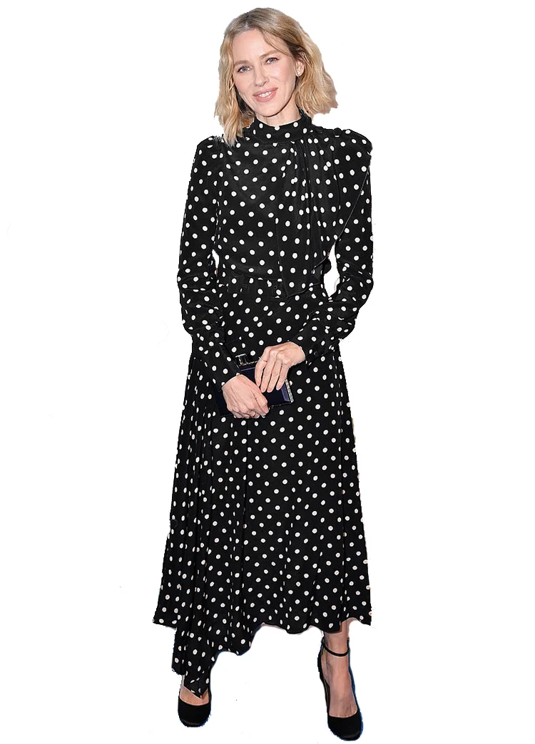 

Retro Point Printed Lotus Leaf Edge Long Sleeve Irregular Dresses Mid-long Temperament Dresses 2019