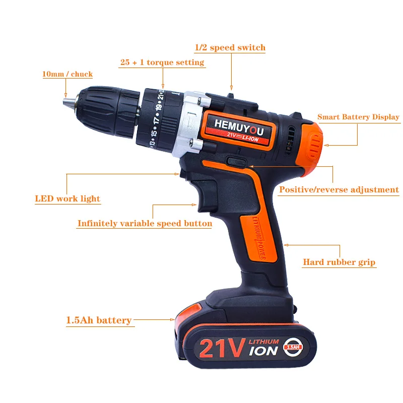 21 В аккумуляторная электрическая отвертка многофункциональная электрическая дрель ударная дрель литий-ионный аккумулятор 2 скорости+ умный дисплей батареи