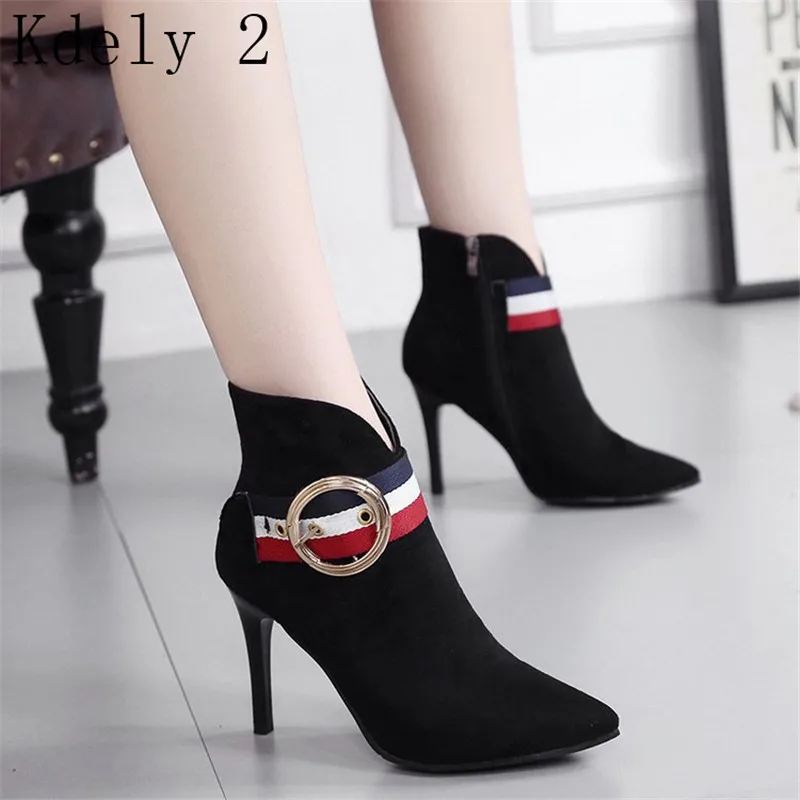 

Fashion Metal Button Suede Pointed Toe High He Boots Shoes Woman Zipper Ankle Boots Women Shoes Thin Heel Women Boots 35-39