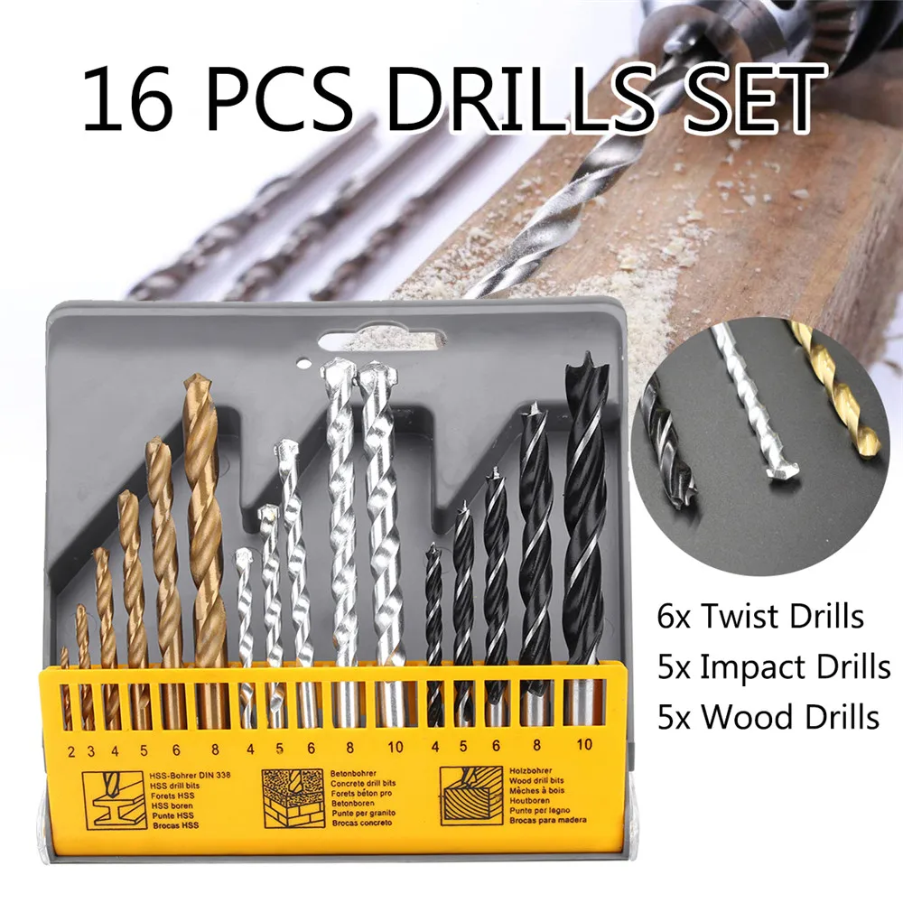 16pcs 2 10mm Drill Bit Set Woodworking Tools HSS Twist Drills Hex Shank + Impact Drills Bit