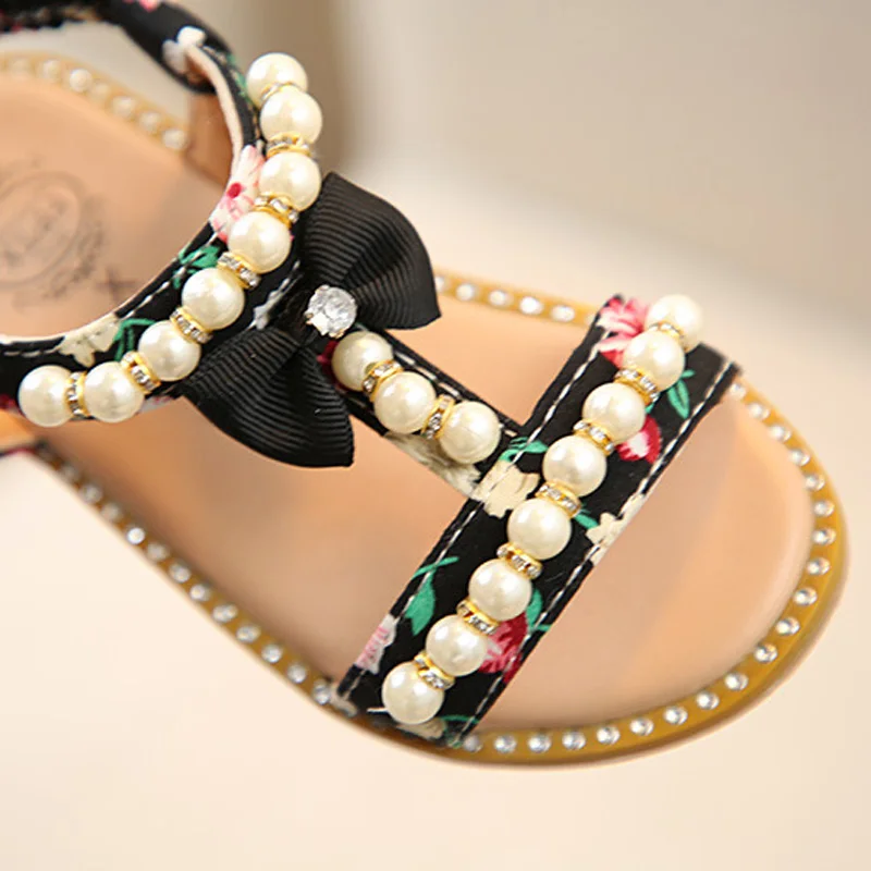 

2019 Girl Baby Shoes Girl Leather Butterfly-knotted Pearl Crystal Roman Single Shoes Princess Summer Shoes