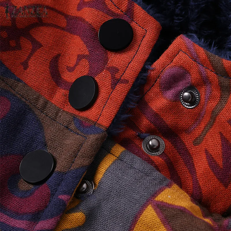 ZANZEA женское винтажное зимнее теплое пальто с капюшоном и цветочным принтом, плюшевая пушистая верхняя одежда с длинным рукавом, куртки, пальто размера плюс