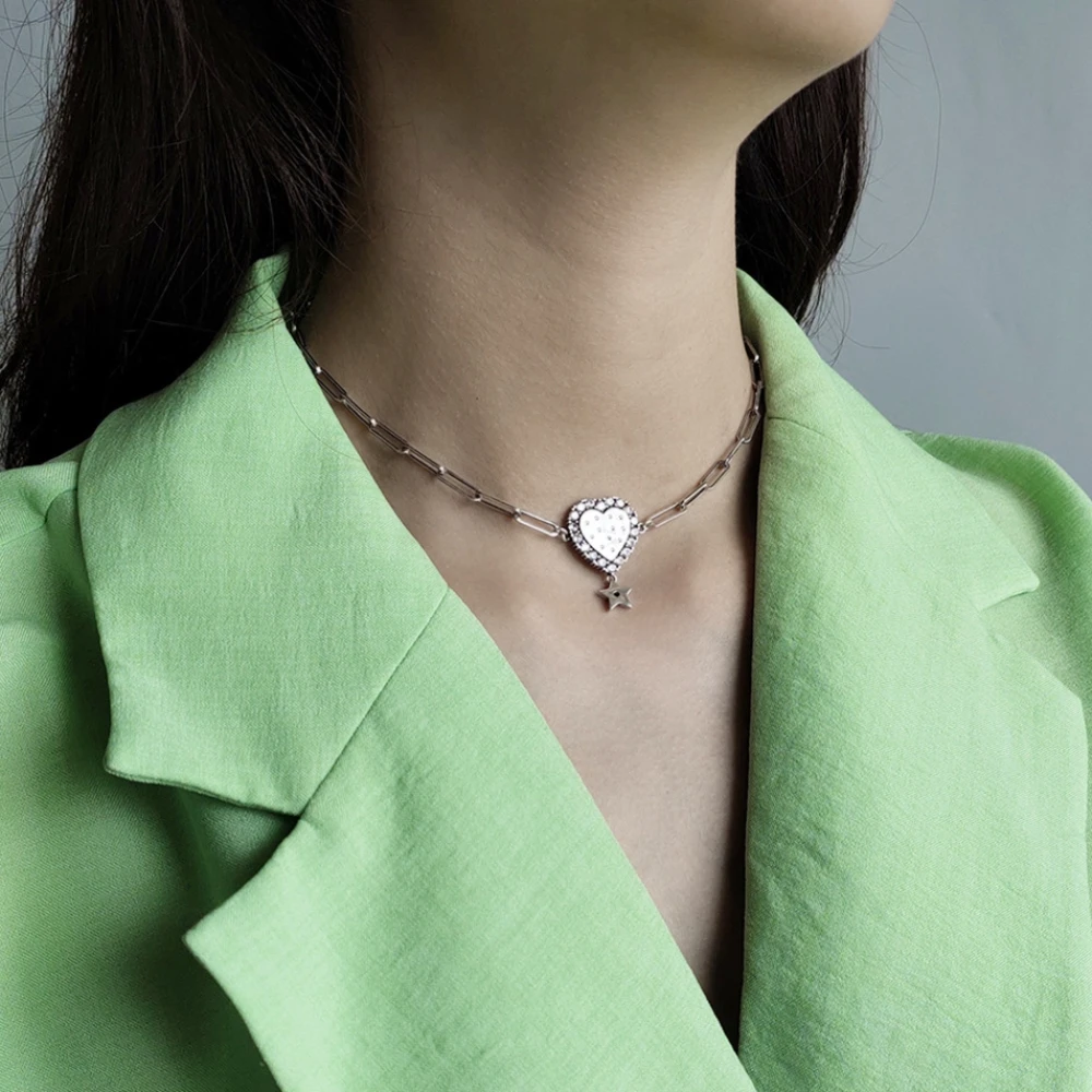 925 Серебряное прямоугольное звено цепи шеи Короткая подвеска в виде звезды для женщин девочек Сердце Любви искусственный бриллиант винтажное обручальное колье ожерелье s